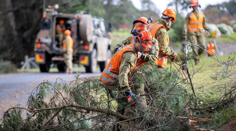 Army personnel from the 22nd Engineer Regiment and the 4th/19th Prince of Wales’s Light Horse Regiment clear a fallen tree branch in Carrajung, Victoria. Story by Captain Martin Hadley. Photo by Corporal David Cotton.