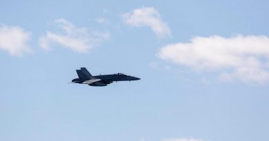 A Royal Australian Air Force FA-18A Classic Hornet aircraft approaches HMAS Brisbane during an air-warfare serial, off the coast of Queensland during Exercise Talisman Sabre 2021. Story by Lieutenant Sarah Rohweder. Photo by Leading Seaman Daniel Goodman.