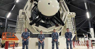 Air surveillance operators from No. 1 Remote Sensor Unit Flight Sergeant Peter Merritt, left, Sergeant Emma Barker, Leading Aircraftwoman Amy Clements and Leading Aircraftman Corey Tuddenham at the Air Force’s space surveillance telescope in WA. Story by Flight Lieutenant Joseph Noble and Squadron Leader Barrie Bardoe.