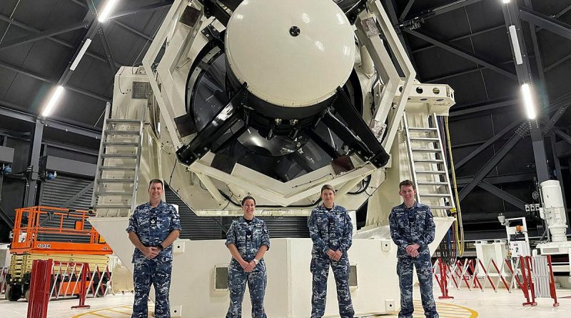 Air surveillance operators from No. 1 Remote Sensor Unit Flight Sergeant Peter Merritt, left, Sergeant Emma Barker, Leading Aircraftwoman Amy Clements and Leading Aircraftman Corey Tuddenham at the Air Force’s space surveillance telescope in WA. Story by Flight Lieutenant Joseph Noble and Squadron Leader Barrie Bardoe.