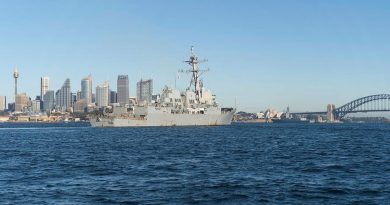 United States Navy destroyer USS Rafael Peralta enters Sydney Harbour for a COVID-Safe port visit ahead of Exercise Pacific Vanguard. Photo by Able Seaman Dafonte Fernandez.