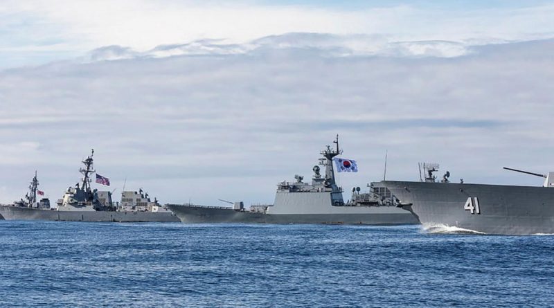 HMAS Brisbane, JS Makinami, ROKS Wang Geon and USS Rafael Peralta sail in company during Exercise Pacific Vanguard. Story by Lieutenant Geoff Long. Photo by Leading Seaman Daniel Goodman.