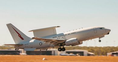 E-7A Wedgetail aircraft A30-006, from No. 2 Squadron, takes off from RAAF Base Darwin during Exercise Rogue Ambush. Story by Flying Officer Bronwyn Marchant. Photo by Leading Aircraftman Adam Abela.