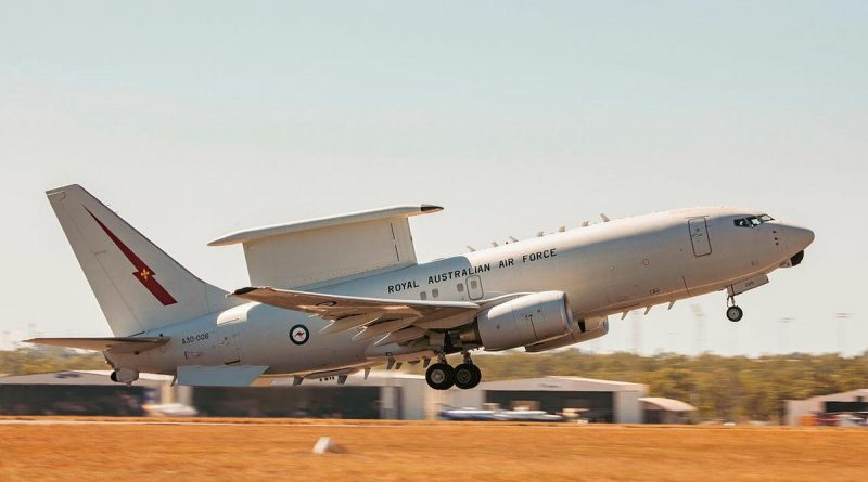 E-7A Wedgetail aircraft A30-006, from No. 2 Squadron, takes off from RAAF Base Darwin during Exercise Rogue Ambush. Story by Flying Officer Bronwyn Marchant. Photo by Leading Aircraftman Adam Abela.