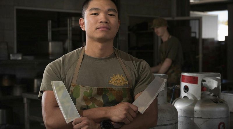 Private Zaniel Noriel, of the 10th Force Support Battalion, at the Camp Growl kitchen during Exercise Talisman Sabre. Story by Lieutenant Max Logan. Photo by Corporal Madhur Chitnis.