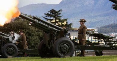 An M2A2 105 mm Howitzer crewed by Army soldiers from the 9th Regiment, Royal Australian Artillery, fires an 18-gun salute during the 150th Anniversary of Australian Artillery Commemorative Service at the Hobart Cenotaph. Story by John Cox. Photo by Private Hamish Rogers.