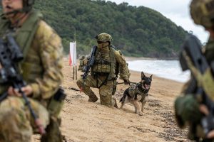 Private Alex Penfold and Military Police Dog Bodie at Cowley Beach Queensland. Photo by Leading Aircraftwomen Jacqueline Forrester.