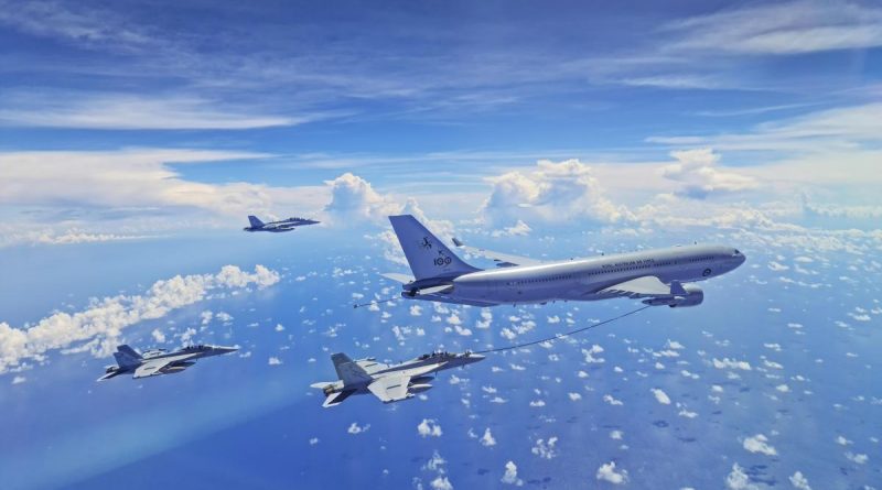 RAAF KC-30A aircraft refueling a No. 6 Squadron EA-18G Growler aircraft during the ferry from Australia to the United States for Exercise Distant Frontier ahead of Exercise Red Flag Alaska. Story by Flying Officer Bronwyn Marchant.