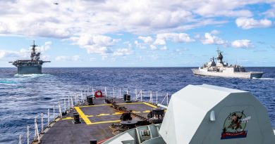 Canadian frigate HMCS Calgary (foreground), in company with USS America (left) and Australian frigate HMAS Parramatta (right) off the coast of QLD, during Exercise Talisman Sabre 21. Story by Lieutenant Sarah Rohweder. Photo by Corporal Lynette Ai Dang.