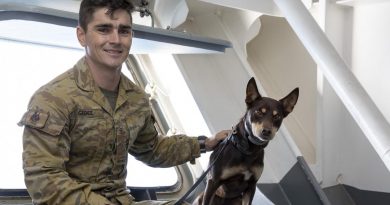 Australian Army Soldier Sapper Dalton Gilbee and Explosives Detection Dog Archie from 3rd Combat Engineering Regiment onboard HMAS Canberra, during Exercise Talisman Sabre 2021. Story by Captain Dan Mazurek. Photo by Leading Seaman Imagery Specialist Nadav Harel.
