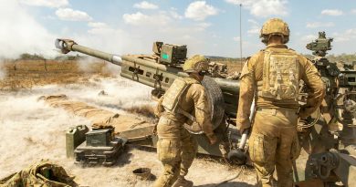 Gunners from the 101st Battery, 8th/12th Regiment, Royal Australian Artillery, fire an M777A2 Howitzer at Mount Bundey Training Area, Northern Territory, as part of an Australia-wide gun salute to mark the 150th anniversary of Australian artillery on August 1. Photo by Corporal Rodrigo Villablanca.