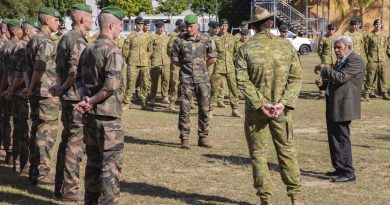 Uncle Desmond Sandy talks to French soldiers and members of 6 RAR during a Welcome to Country ceremony. Story by Captain Taylor Lynch. Photo by Corporal Nicole Dorrit.