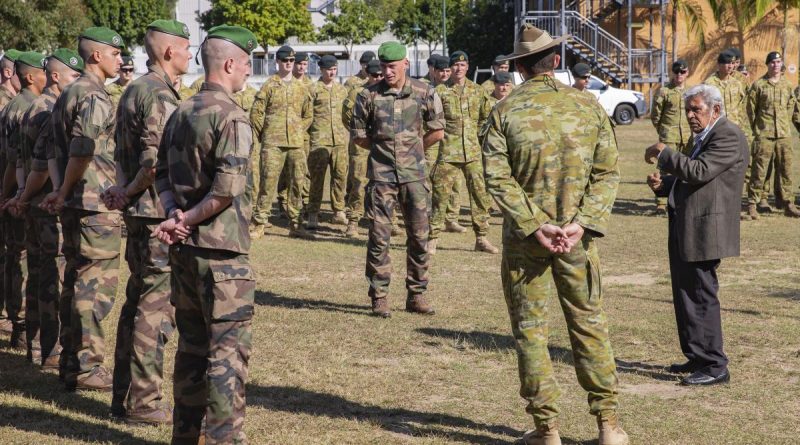 Uncle Desmond Sandy talks to French soldiers and members of 6 RAR during a Welcome to Country ceremony. Story by Captain Taylor Lynch. Photo by Corporal Nicole Dorrit.