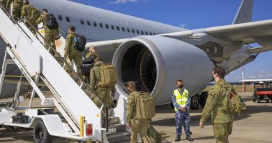 A contingent of Royal Australian Air Force and Australian Army personnel board a KC-30A multi-role tanker transport at RAAF Base Amberley bound for the Middle East to support evacuation efforts from Afghanistan. Photo by Corporal Brett Sherriff.