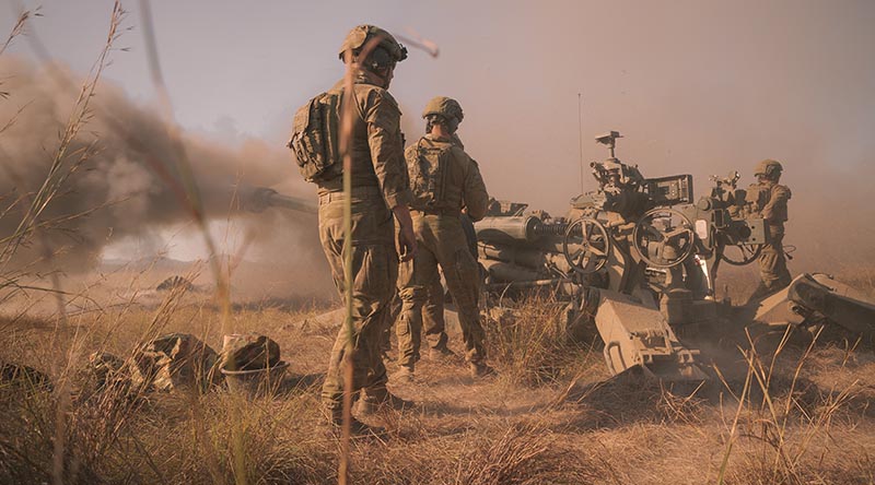 Soldiers from the Australian Army's 1st Regiment, Royal Australian Artillery, engage a target with M777 Howitzer during a firepower demonstration at Shoalwater Bay Training Area, Queensland, as part of Exercise Talisman Sabre 2021. Photo by Corporal Madhur Chitnis.