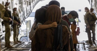 Afghanistan evacuees arrive at Australia’s main operating base in the Middle East, on board a Royal Australian Air Force C-17A Globemaster. Photo by Leading Aircraftwoman Jacqueline Forrester.