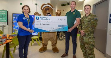Soldiers from 3RAR donate a cheque for $10,000 to the children’s ward at Townsville University Hospital. Story by Captain Lily Charles. Photo by Corporal Brandon Grey.