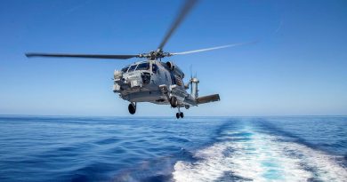 HMAS Ballarat's MH-60R, Convict, launches from the flight deck during Exercise Talisman Sabre. Story by Lieutenant Commander Ryan Zerbe. Photo by Leading Seaman Ernesto Sanchez.