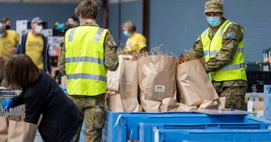 Army personnel and OzHarvest volunteers prepare dry and fresh food hampers in the OzHarvest warehouse at Alexandria, Sydney, a part of Operation COVID-19 Assist. Story by Captain Martin Hadley. Photo by Corporal Dustin Anderson.