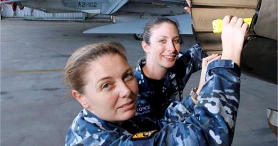 Wing Commander Shannan Forrest, left, in a file photo discussing the engineering characteristics of the F/A-18A Hornet engine exhausts. Story by Wing Commander Jaimie Abbott. Photo by Sergeant Rob Mitchell.