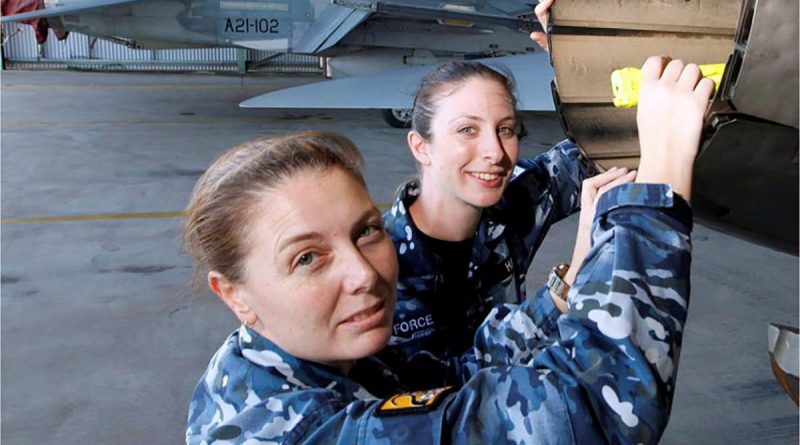 Wing Commander Shannan Forrest, left, in a file photo discussing the engineering characteristics of the F/A-18A Hornet engine exhausts. Story by Wing Commander Jaimie Abbott. Photo by Sergeant Rob Mitchell.