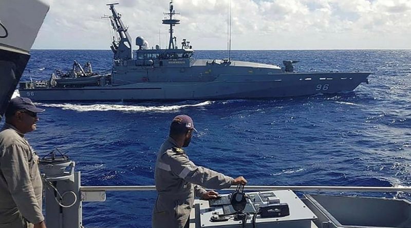 HMAS Glenelg sails in company with RFNS Savenaca between Fiji and Vanuatu as part of Operation Island Chief. Story by Lieutenant Sarah Rohweder. Photo by Republic of Fiji Navy.