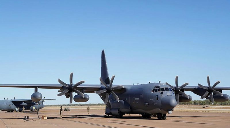 A Royal Australian Air Force C-130J Hercules, left, is refuelled from a U.S. MC-130J Air Commando II during a forward area refuelling point training scenario at RAAF Base Tindal during Exercise Talisman Sabre 2021. Story by Eamon Hamilton and Flight Lieutenant Nick O’Connor. Photo by 1st Lt. Joshua Thompson.