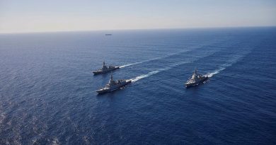 HMA Ships Hobart, Brisbane and Sydney conduct officer-of-the-watch manoeuvres in the Eastern Australian Exercise Area. Photo by Peter Bee.