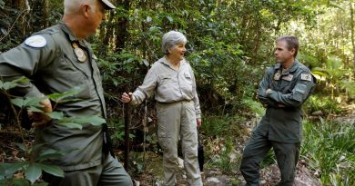 Historian Lynette Silver visits the jungle training area of Air Force’s Combat Survival Training School with instructor Warrant Officer Shane Grist, left, and Commanding Officer Squadron Leader Simon Longley. Story and photo by Corporal Veronica O’Hara.