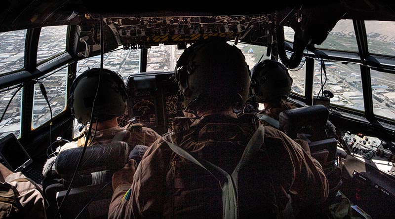 An RNZAF C130 flies into Kabul to assist in the evacuation of foreign nationals. NZDF photo.