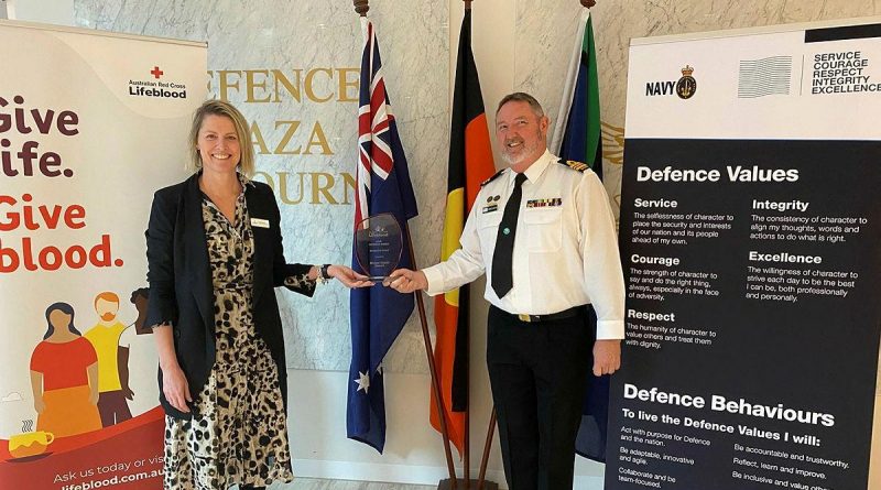 Lieutenant Commander Michael Connors was presented the Lifeblood Defence Force Challenge 2020 award by Lifeblood's Kalani Brown at Defence Plaza in Melbourne. Story by Sub Lieutenant Nancy Cotton.
