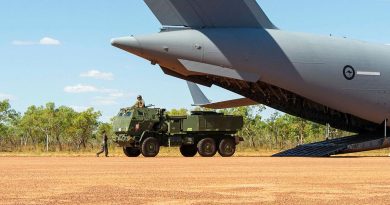 A United States Marine Corps High Mobility Artillery Rocket System is offloaded from a Royal Australian Air Force Boeing C-17 Globemaster III as part of Exercise Loobye. Story by Lieutenant Gordon Carr-Gregg. Photo by Captain Carla Armenti.