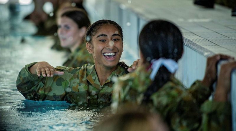 Finau Lapuaha, of the Marsden State High School rugby league team, during a familiarisation swim before tackling the over-water obstacle course at Gallipoli Barracks. Story by Captain Jesse Robilliard. Photo by Private Jacob Hilton.