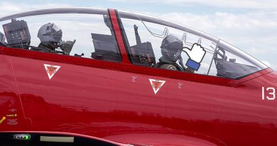 Assistant Minister for Defence Andrew Hastie (rear) and No 2 Flight Training Squadron instructor Squadron Leader Shannon McGuckin give the thumbs up before a flight in a PC-21 at RAAF Base Pearce. Photo by Petty Officer Yuri Ramsey.