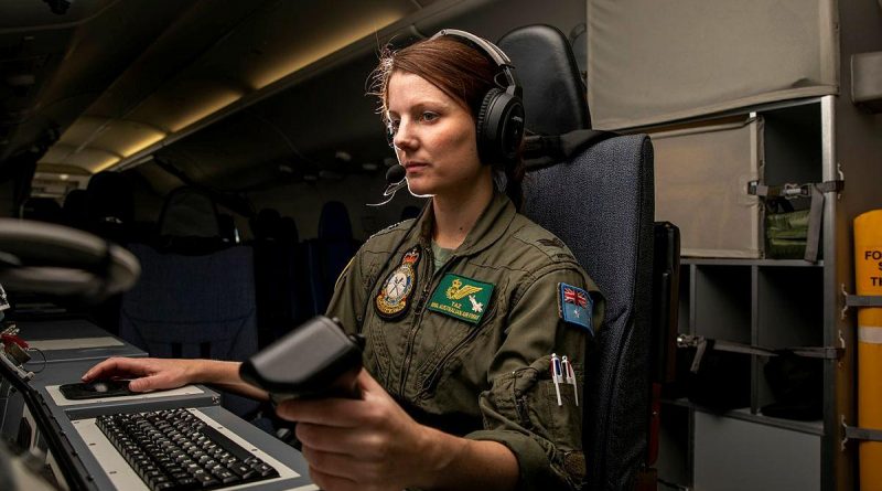 Sergeant Taryn Allen from No. 11 Squadron on board a P-8A Poseidon during Exercise Talisman Sabre 2021. Story by Flight Lieutenant Chloe Stevenson. Photo by Leading Aircraftwoman Emma Schwenke.