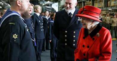 Leading Seaman Matt Jones, left, meets Her Majesty the Queen on board the Royal Navy’s flagship carrier, HMS Queen Elizabeth, as she farewells Carrier Strike Group 21 ahead of its Indo-Pacific deployment. Story by Lieutenant John Paul. Photo by Petty Officer Jay Allen.