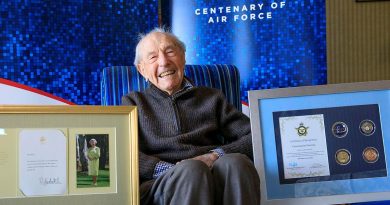 Alan Hastie with an Air Force 2021 Commemorative memento in celebration of his 100th birthday. Story by Evita Ryan. Photo by Corporal Brett Sheriff.