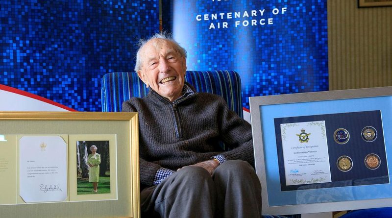 Alan Hastie with an Air Force 2021 Commemorative memento in celebration of his 100th birthday. Story by Evita Ryan. Photo by Corporal Brett Sheriff.