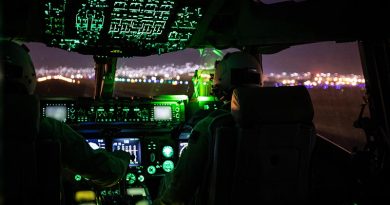 Royal Australian Air Force C-17A Globemaster pilots Flight Lieutenants Sam Stephens and Stephen Vanderdoes prepare to take off from Hamid Karzai International Airport after boarding Australian citizens and visa holders to evacuate from Afghanistan. Photo by Sergeant Glen McCarthy.