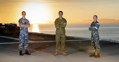 Army Captain Samuel O’Neal, centre, RAAF Flying Officer Kristian Henderson and RAN Leading Seaman Medic Erika Birkefeld on board HMAS Canberra during Exercise Talisman Sabre 2021. Photo by Leading Seaman Sittichai Sakonpoonpol.