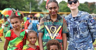Leading Aircraftwoman Natasha Johnson, from No. 35 Squadron, mingled with locals at the Vanuatu Independence Day parade while deployed on Operation Solania. Story by Flight Lieutenant Emily Renshaw.