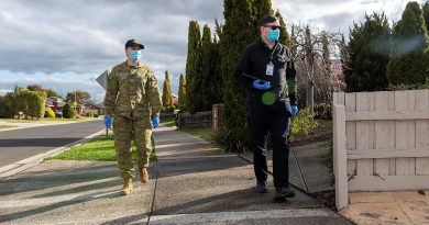 Private Amanda Jones and Victorian Department of Health Authorised Officer Peter Jarvis are part of the COVID-19 Household Engagement Program in support of the Victorian State Government’s response to the COVID-19 pandemic. Story by Captain Kirsten Cleland. Photo by Private Michael Currie.