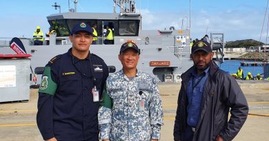 Police Constable Tehapai Marsters (Cook Islands), Warrant Officer Edwin Ong (Singapore) and Chief Petty Officer Timoci Tokaru (Fiji) on the wharf at HMAS Stirling ahead of training with the Sea Training Group - Defence Cooperation Program. Story by Sub Lieutenant Nancy Cotton.