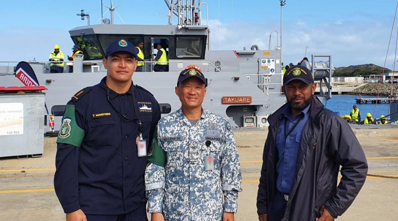 Police Constable Tehapai Marsters (Cook Islands), Warrant Officer Edwin Ong (Singapore) and Chief Petty Officer Timoci Tokaru (Fiji) on the wharf at HMAS Stirling ahead of training with the Sea Training Group - Defence Cooperation Program. Story by Sub Lieutenant Nancy Cotton.