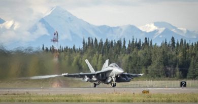 A Royal Australian Air Force EA-18G Growler, from No. 6 Squadron, taxis along the runway at Eielson Air Force Base in Alaska during the exercise. Story and photo by Flying Officer Bronwyn Marchant.