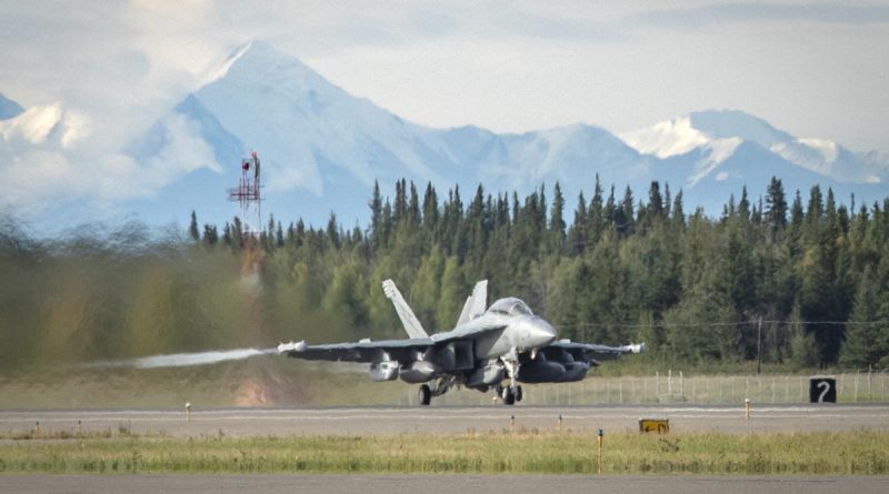 A Royal Australian Air Force EA-18G Growler, from No. 6 Squadron, taxis along the runway at Eielson Air Force Base in Alaska during the exercise. Story and photo by Flying Officer Bronwyn Marchant.