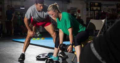 Sergeant Sean Whittington supervises during a physical training session for Australian Defence Force personnel deployed to the Middle East region. Story by Flight Lieutenant Clarice Hurren. Photo by Sergeant Glen McCarthy.