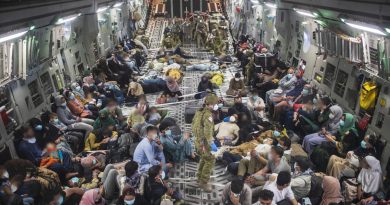 Australian citizens and visa holders evacuated from Afghanistan on board a RAAF C-17A Globemaster III, enroute to the ADF’s main operating base in the Middle East region. Story by Lieutenant Commander Andrew Ragless. Photo by Sergeant Glen McCarthy.