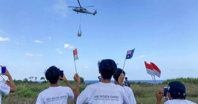 Royal Australian Navy MH60R Helicopter delivers a desalination plant to Nusa Lembongan during Indo-Pacific Endeavour 21. Story by Captain Peter March.