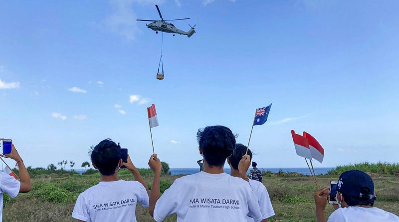 Royal Australian Navy MH60R Helicopter delivers a desalination plant to Nusa Lembongan during Indo-Pacific Endeavour 21. Story by Captain Peter March.